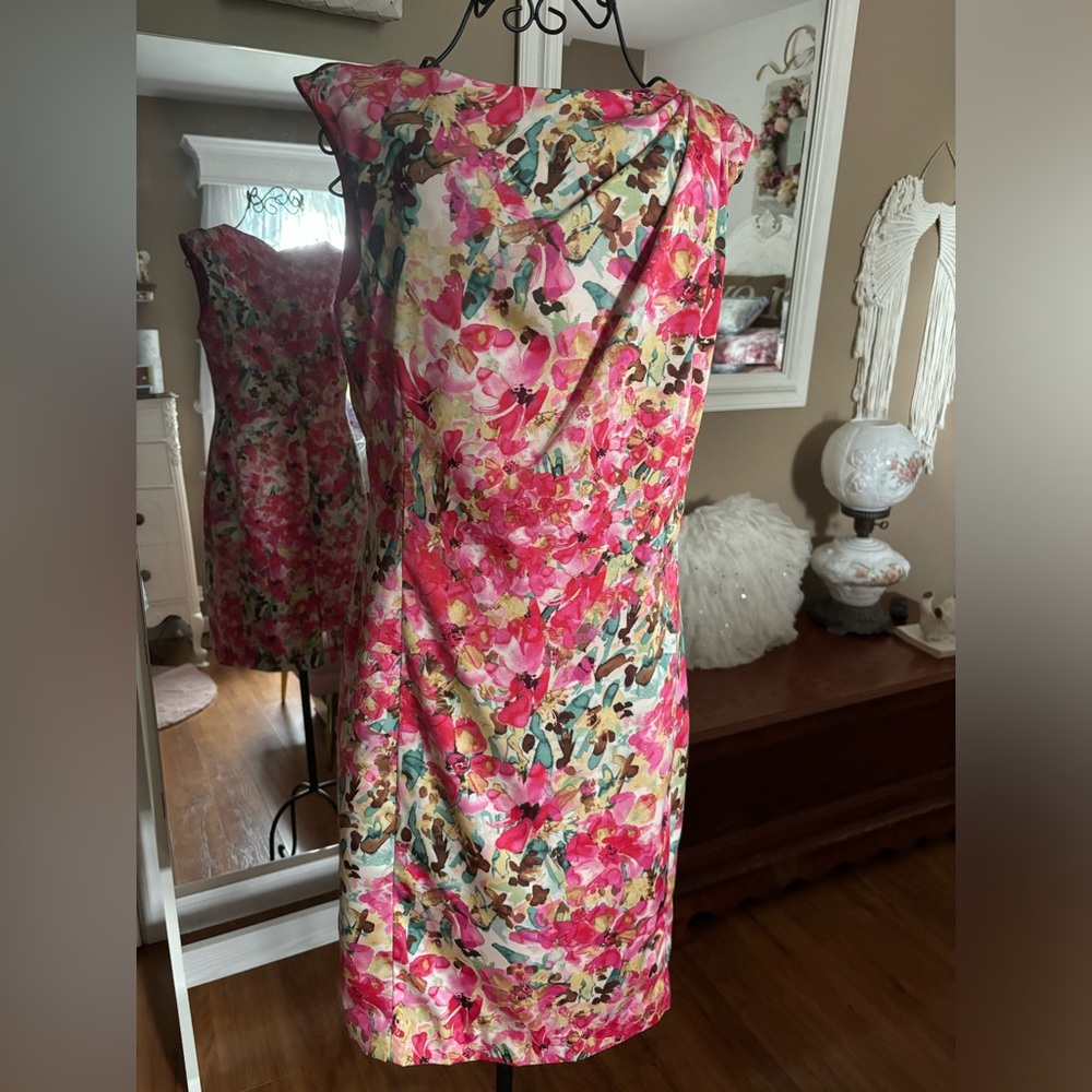 Ann Taylor Pink Tan Ruched Wrap Midi Dress